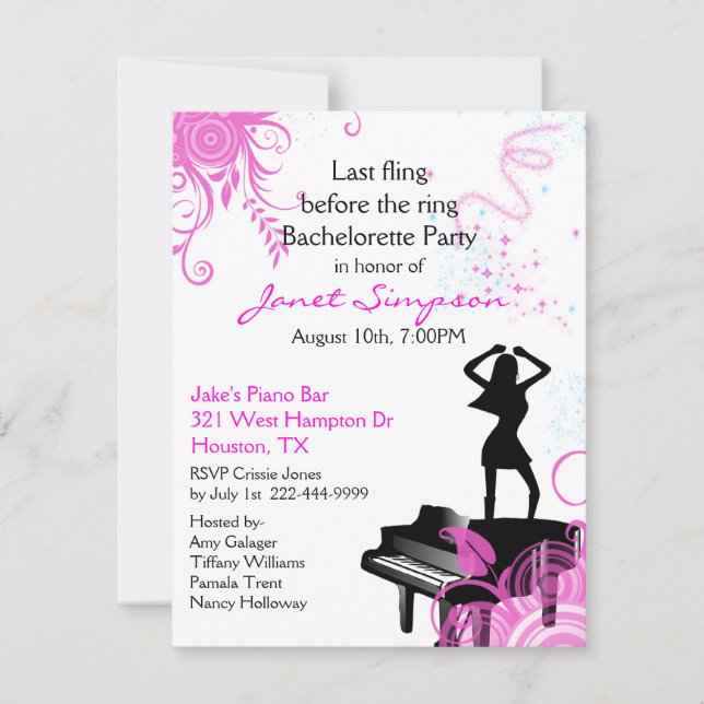 Piano Bar Bachelorette Party Invitation (Front)