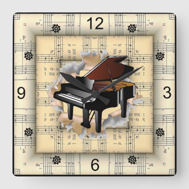 Piano Breaking Through Strange Sheet Music ~  Square Wall Clock (Front)