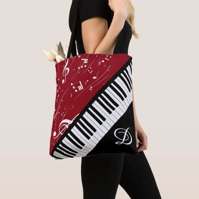Piano Clarinet Music Script Monogram Black Red Tote Bag (Close Up)