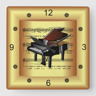 ~ Piano ~ Curved Sheet Music ~ Gold Background ~  Square Wall Clock