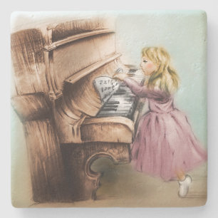 Piano Girl Stone Coaster, Colourful Vintage Art Stone Coaster