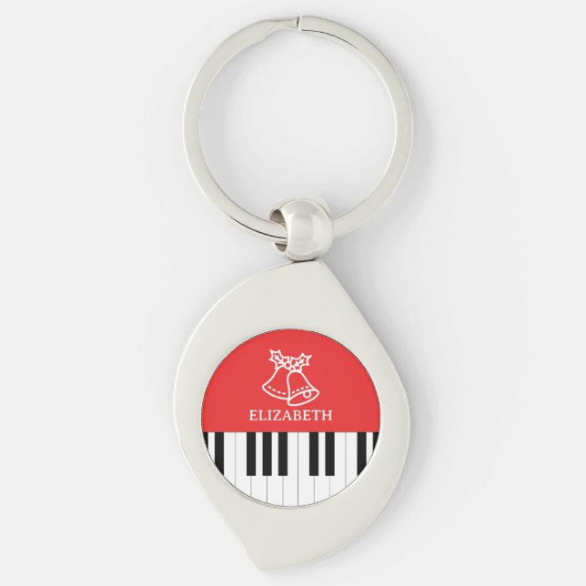Piano Key Jingle Bell Merry Christmas Red  Key Ring (Front)