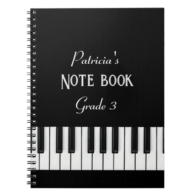 Piano Keyboard and customisable text black & white Notebook (Front)