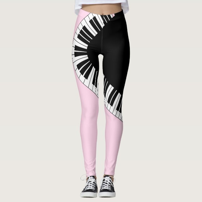 Piano Keyboard Black and White Music Design Pink Leggings (Front)
