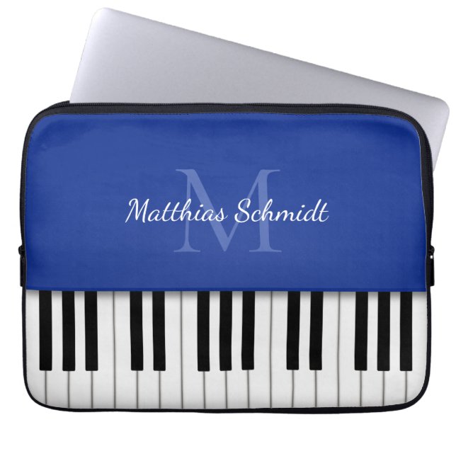Piano Keyboard Monogrammed Personalised Royal Blue Laptop Sleeve (Front)