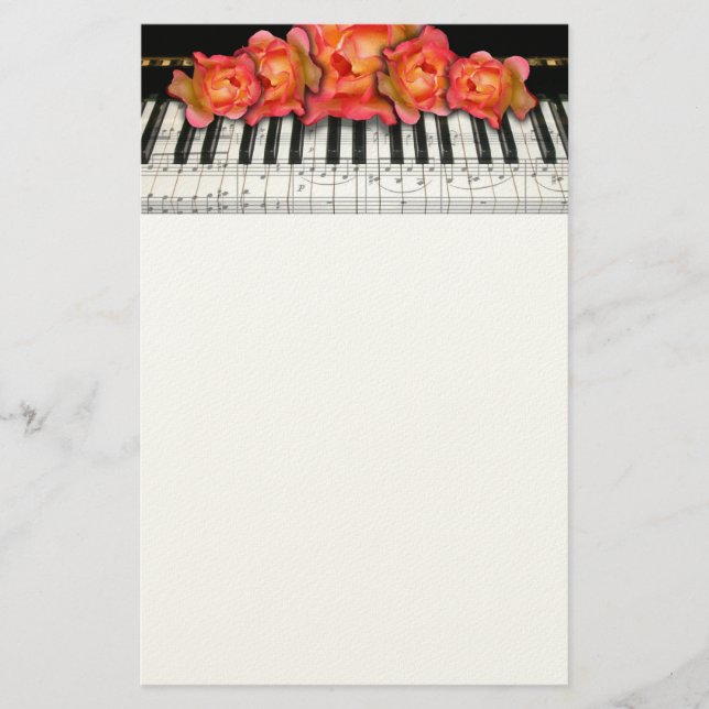 Piano Keyboard Roses and Music Notes Stationery (Front)