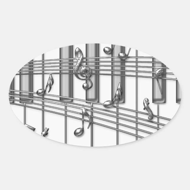 Piano Keyboard Silver Music Notes Oval Sticker (Front)