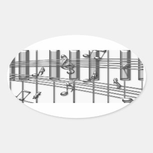 Piano Keyboard Silver Music Notes Oval Sticker