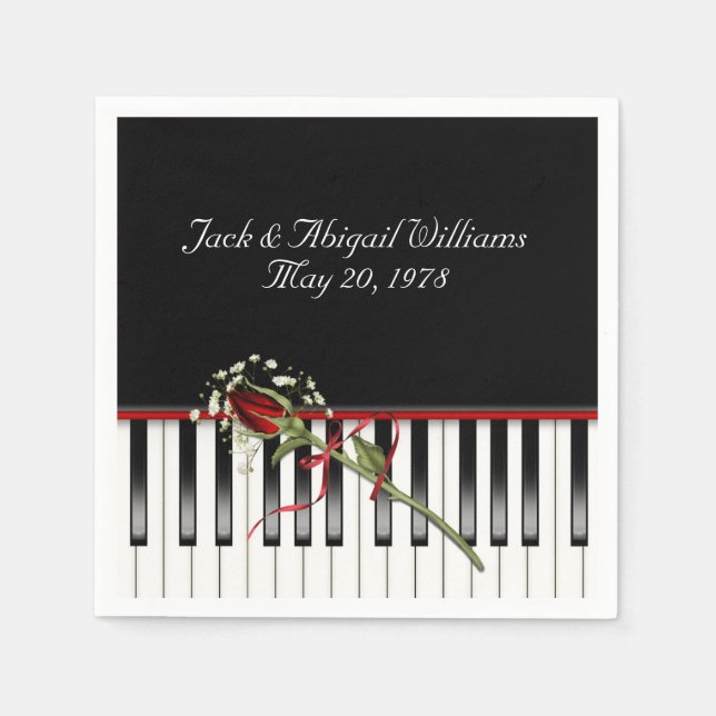 piano keyboard with red rose anniverary napkin (Front)
