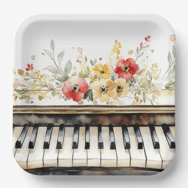 Piano Keys and Flowers Paper Plate (Front)