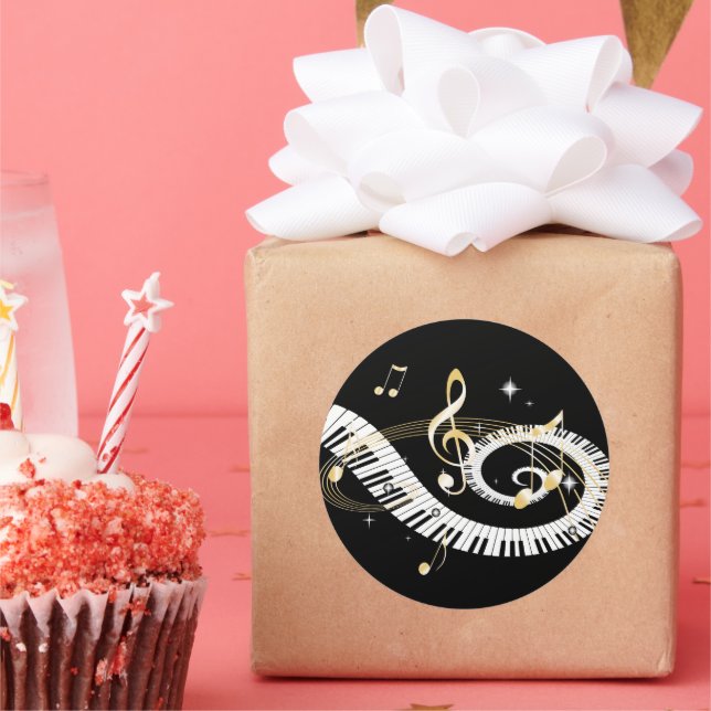 Piano Keys and Golden Music Notes Classic Round Sticker (Party)