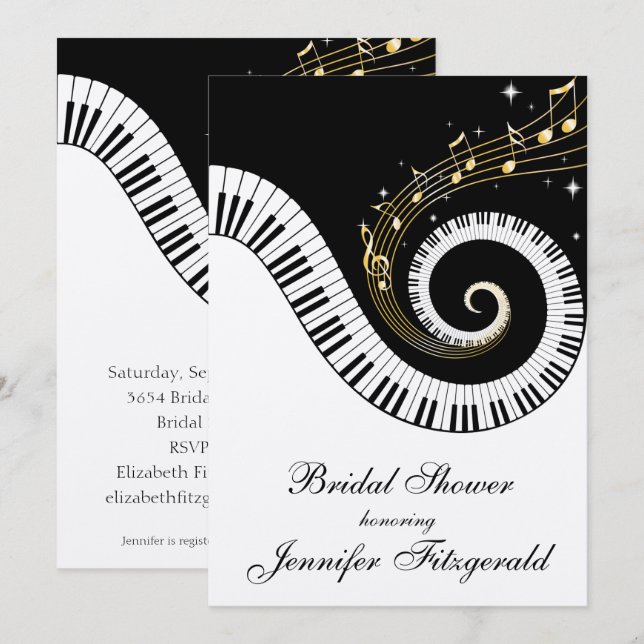 Piano Keys and Golden Musical Notes Bridal Shower Invitation (Front/Back)