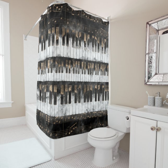 Piano keys and Notes - Watercolor and gold Shower Curtain (In Situ)