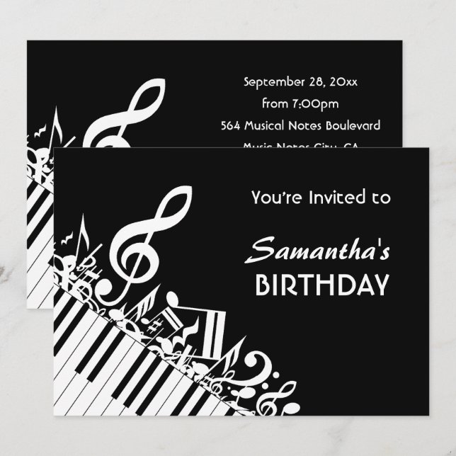 Piano Keys Black White Music Notes Birthday Party Invitation (Front/Back)
