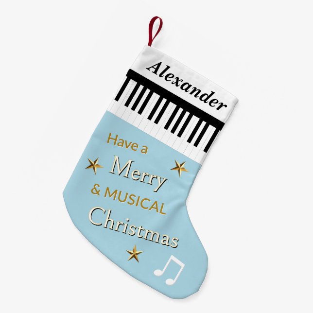 Piano Keys Light Blue Music Themed Personalised Small Christmas Stocking (Front (Hanging))