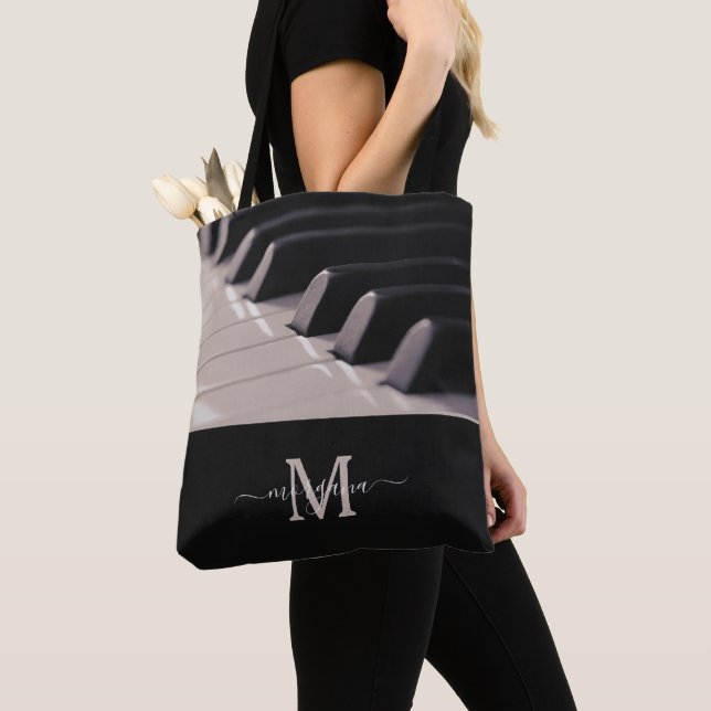 Piano Keys Music Lover Teacher Student Monogram Tote Bag (Close Up)