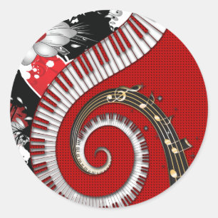 Piano Keys Music Notes Grunge Floral Swirls Classic Round Sticker