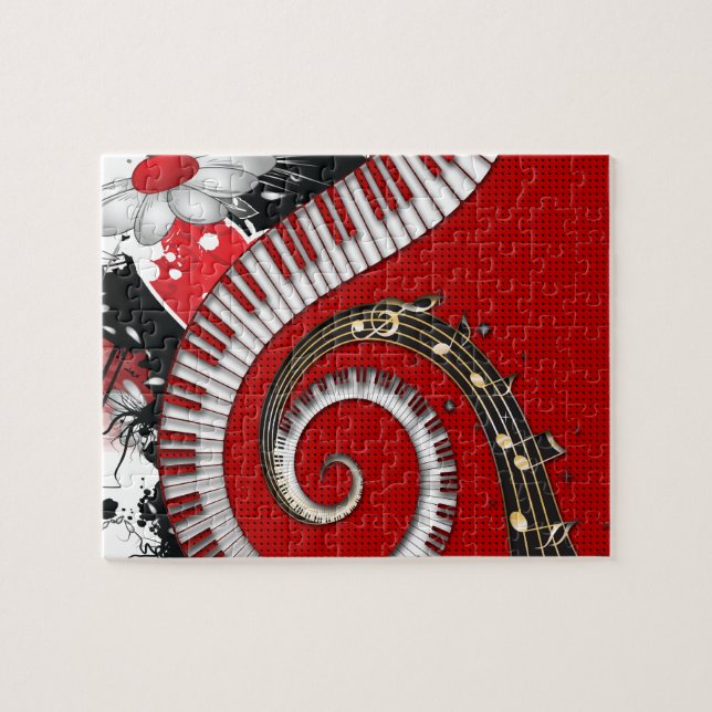 Piano Keys Music Notes Grunge Floral Swirls Jigsaw Puzzle (Horizontal)