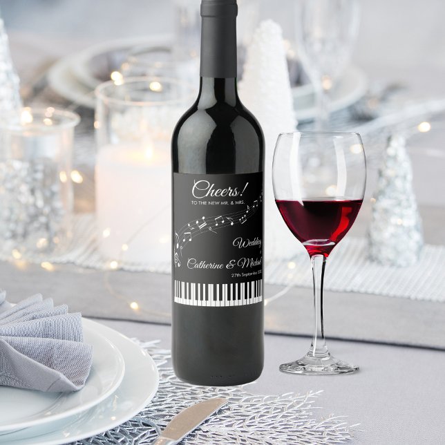 Piano Keys Musical Notes Black & White Wedding Wine Label (Front view timeless modern symphony style music artist concert inspired wedding wine bottle label)