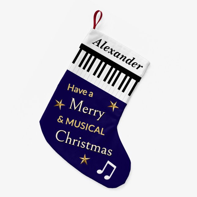 Piano Keys Navy Blue Music Lover's Personalised Small Christmas Stocking (Front (Hanging))