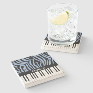 Piano Keys Sky Blue and black Zebra Print Stone Coaster