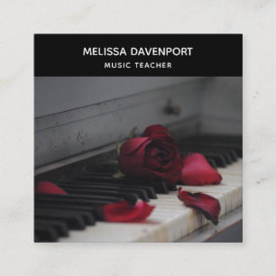 Piano Keys with a Red Rose Square Business Card