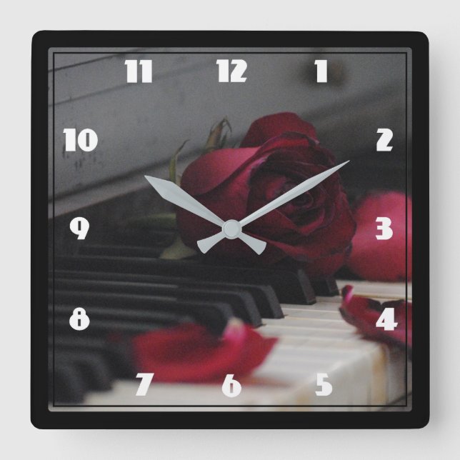 Piano Keys with a Red Rose Square Wall Clock (Front)