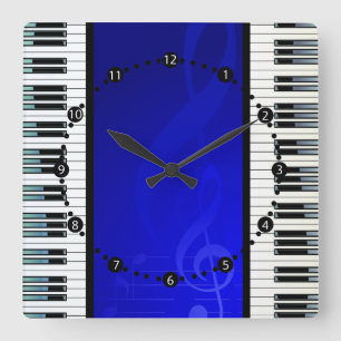 Piano Keys with Blue Effect Musical Notes Square Wall Clock