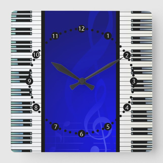Piano Keys with Blue Effect Musical Notes Square Wall Clock (Front)