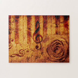 Piano keys with musical notes and rose jigsaw puzzle