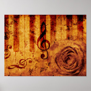 Piano keys with musical notes and rose poster