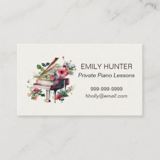 Piano Lessons Business Card with Floral Piano