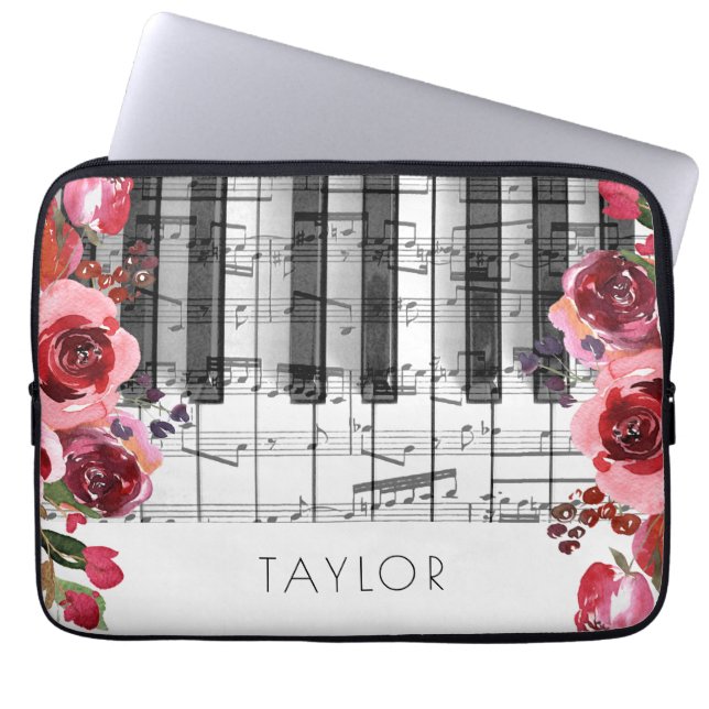 Piano marsala red pink flowers decor laptop sleeve (Front)