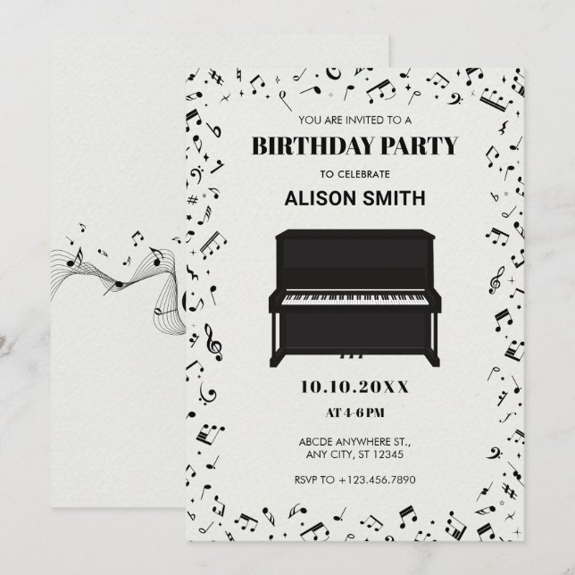 Piano melody music notes birthday invitation (Front/Back)