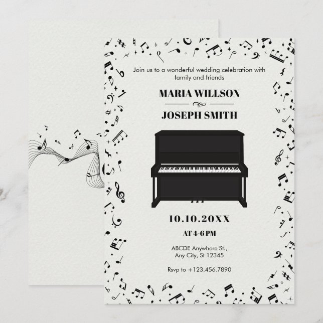 Piano melody music notes wedding invitation (Front/Back)