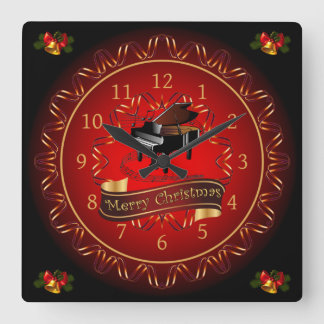Piano ~ Merry Christmas ~ Maroon & Black ~ Square Wall Clock