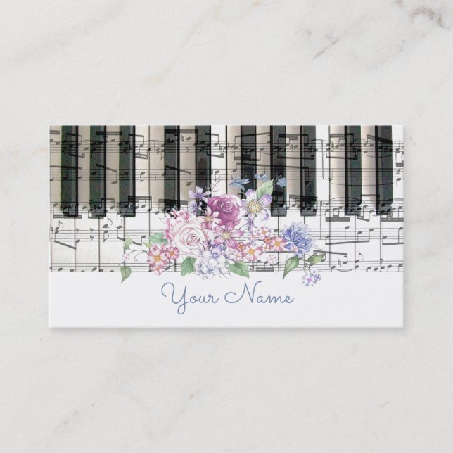 piano music floral decor girly business card (Front)