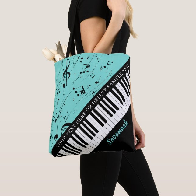 Piano Music Notes Script Name Black Mint Tote Bag (Close Up)