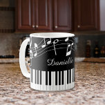 Piano Music Notes Script Name Black White Coffee Mug<br><div class="desc">Modern, stylish mug with piano keyboard and music notes in black and white personalised with a name in an editable handwritten script font style. Ideal for music teachers, musicians and music professionals. CHANGES: You can change the black background colour or the text font style, colour, size and placement by clicking...</div>