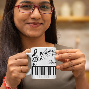 Piano Music Notes Script Name Black White Coffee Mug
