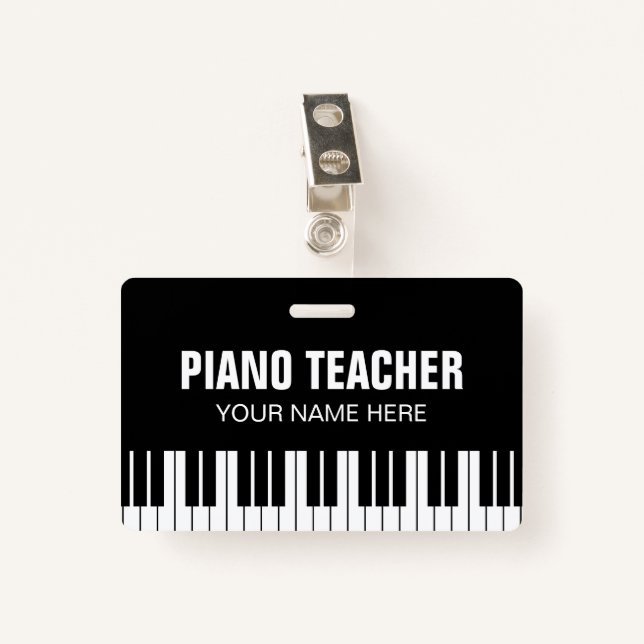 Piano music teacher name badge with clip ID badge (Front with Clip)