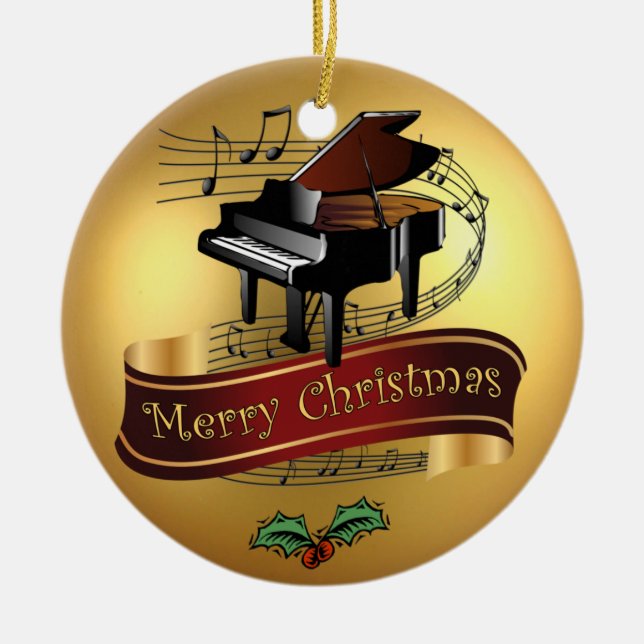 Piano ~ Musical Scroll ~ Gold ~“Merry Christmas”~ Ceramic Tree Decoration (Front)