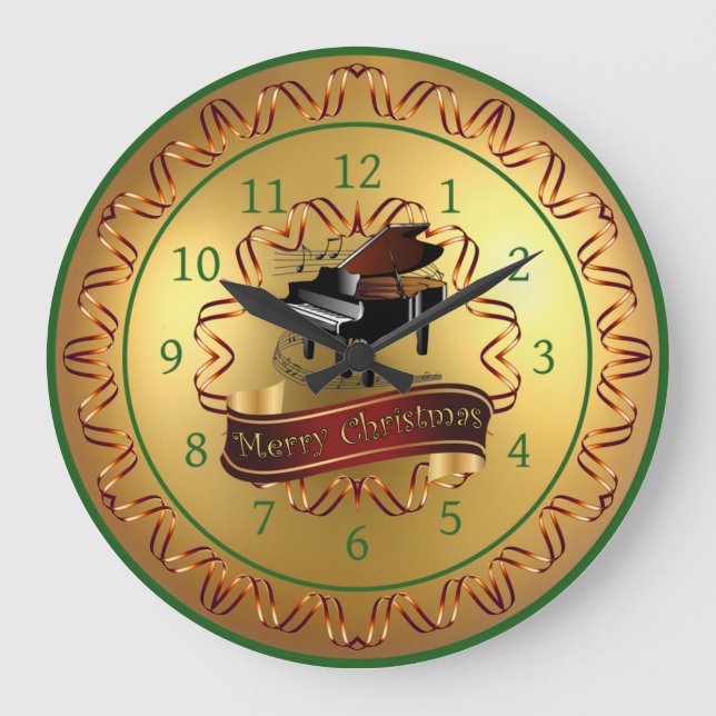 Piano ~ Musical Scroll ~ Gold “Merry Christmas”  Large Clock (Front)