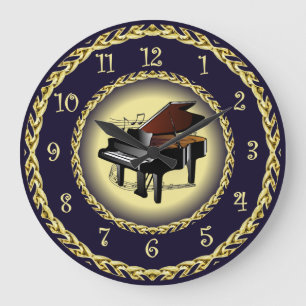 Piano ~ Musical Scroll ~ Gold/Navy Blue ~ ~ Large Clock