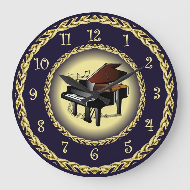Piano ~ Musical Scroll ~ Gold/Navy Blue ~  ~   Large Clock (Front)