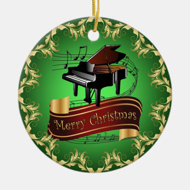 Piano ~ Musical Scroll ~ Merry Christmas ~ * ~ Ceramic Tree Decoration (Front)