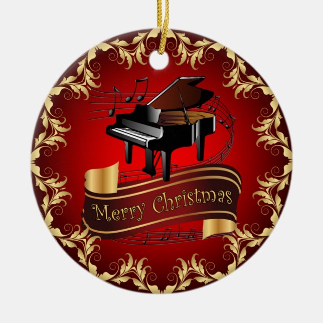 Piano ~ Musical Scroll ~ Merry Christmas ~ * ~  Ceramic Tree Decoration (Front)