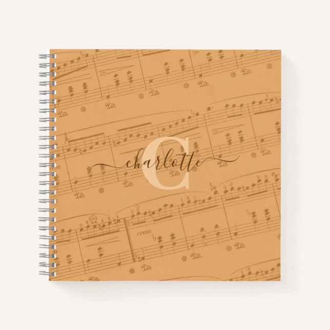 Piano Notes Music Sheet Monogram Peach Elegant Notebook (Front)