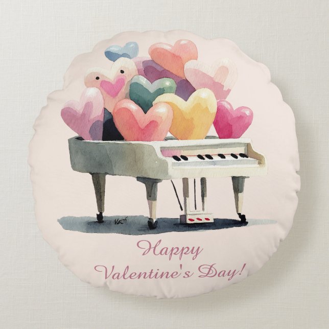 Piano of Love Hearts Valentine's Day Round Cushion (Front)