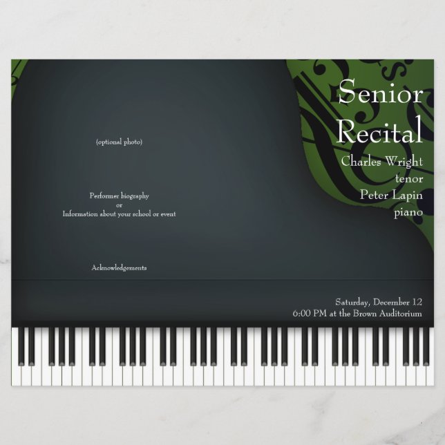 Piano or Vocal Recital Green Folded Program (Front)